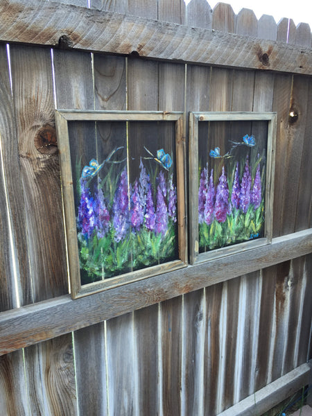 Wild flower set of two,purple flower, reclyced wood