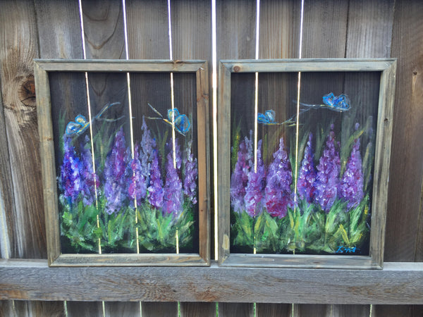 Wild flower set of two,purple flower, reclyced wood