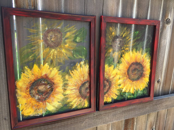 Set of 2 Sunflower Art MADE TO ORDER- Original Art, sunflower,recycled wood frame, painted on screen sunflower painting. sunflower