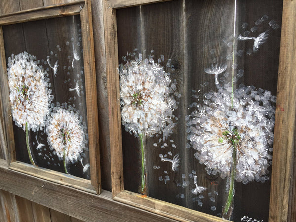 Set of 2 dandelion art , recycled wood frame painting on screen DANDELION,Flower Wall Art Dandelion