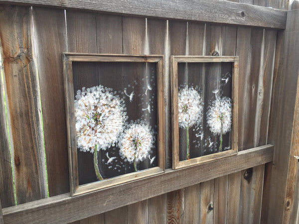 Set of 2 dandelion art , recycled wood frame painting on screen DANDELION,Flower Wall Art Dandelion