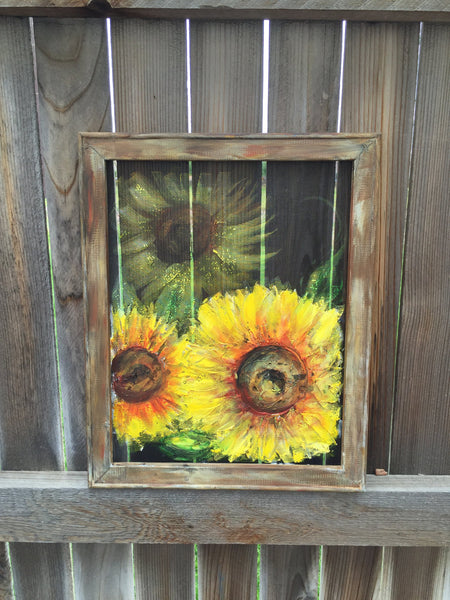 sunflower,sunflower on window screen, hand painting on screen, original art ,Yellow sunflower, Recycled wood frame,Yellow sunflowers