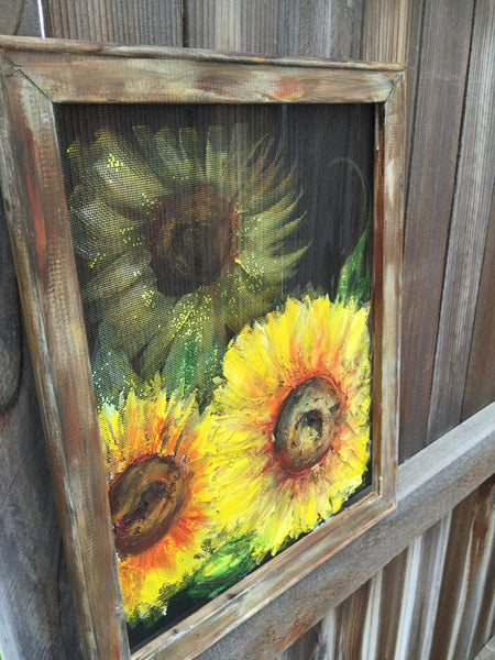 sunflower,sunflower on window screen, hand painting on screen, original art ,Yellow sunflower, Recycled wood frame,Yellow sunflowers