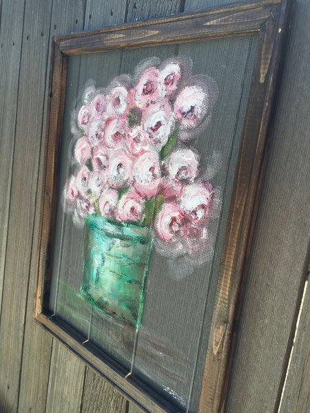 Shabby Chic window screen art,Flowers on window screen ,indoor and outdoor art!