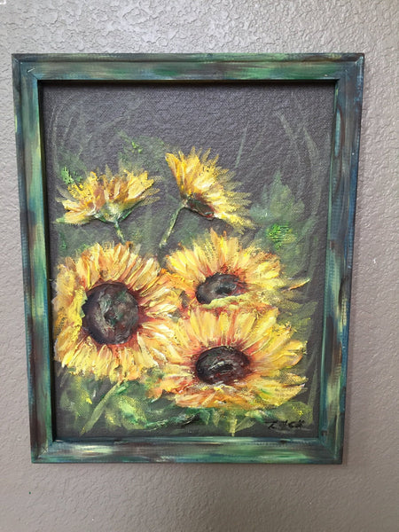 Rustic Sunflowers on screen, hand painting original , indoor and outdoor art