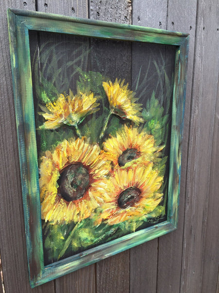 Rustic Sunflowers on screen, hand painting original , indoor and outdoor art