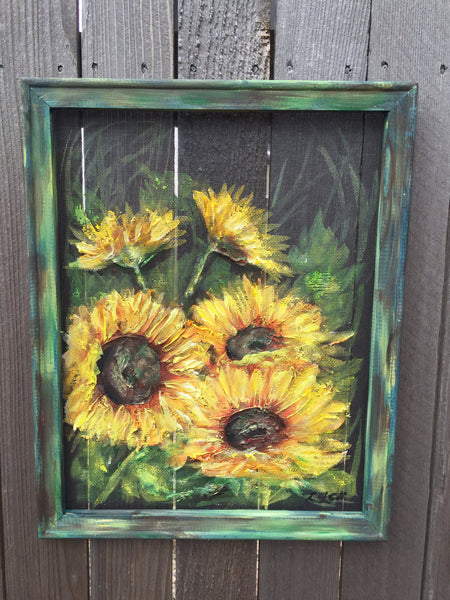 Rustic Sunflowers on screen, hand painting original , indoor and outdoor art