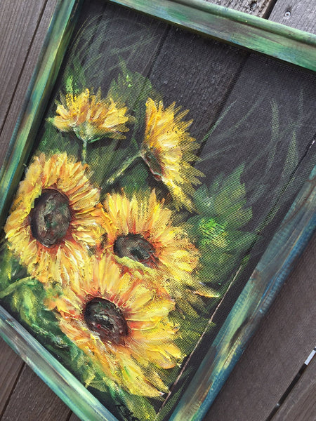 Rustic Sunflowers on screen, hand painting original , indoor and outdoor art
