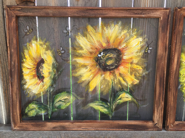 Set of 2 Happy sunflowers and bees, hand painting screens,bees art , sunflowers