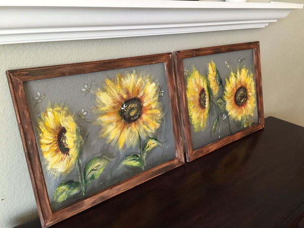 Set of 2 Happy sunflowers and bees, hand painting screens,bees art , sunflowers