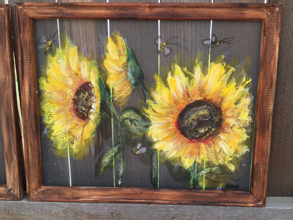 Set of 2 Happy sunflowers and bees, hand painting screens,bees art , sunflowers