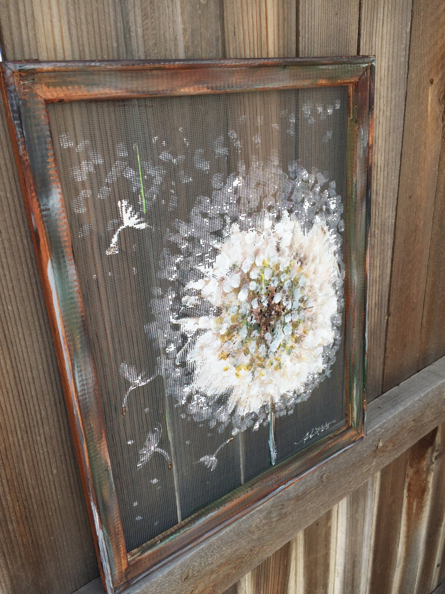 Recycled window screen,Dandelion,Floral ,Painting dandelions