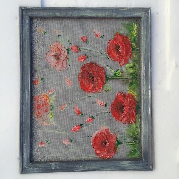 Red poppies, hand painted window screen