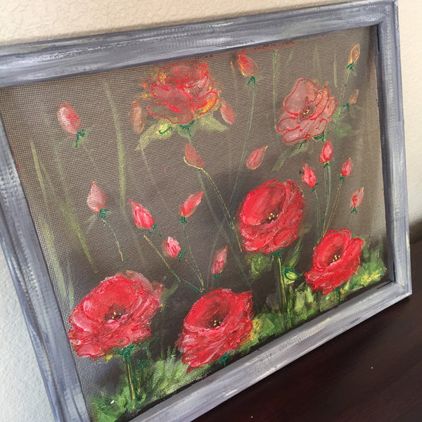 Red poppies, hand painted window screen