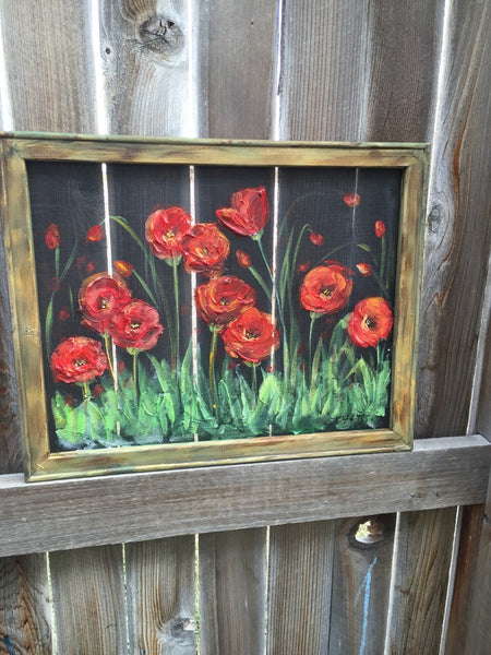 Red poppies gardens, window screen hand painting