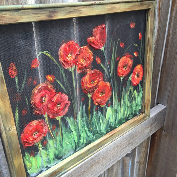 Red poppies gardens, window screen hand painting