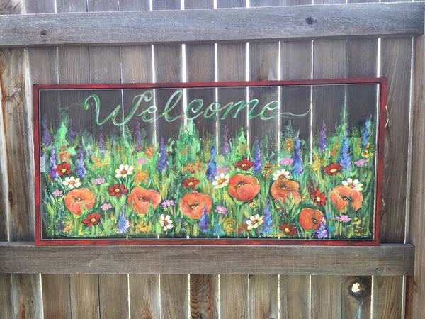 Welcome wild flowers sign,flowers on old window screen ,hand painting
