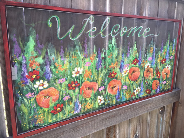Welcome wild flowers sign,flowers on old window screen ,hand painting