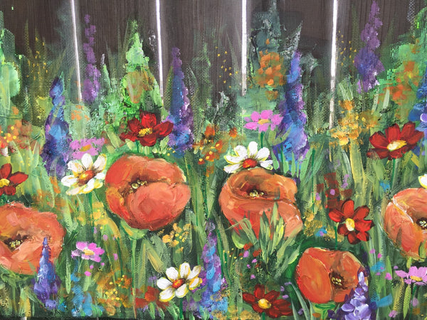 Welcome wild flowers sign,flowers on old window screen ,hand painting