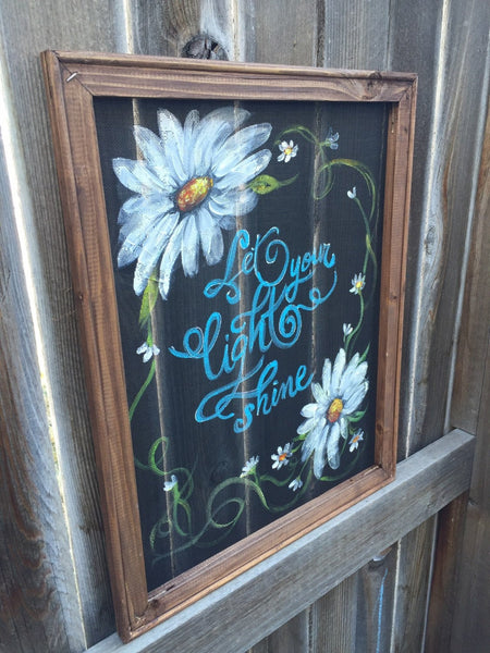 Let your light shine, Flowers on screen, recycled, window screen, hand painted