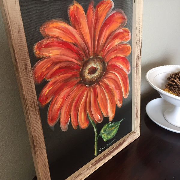 Orange Gerbera daisy, flower on window screen