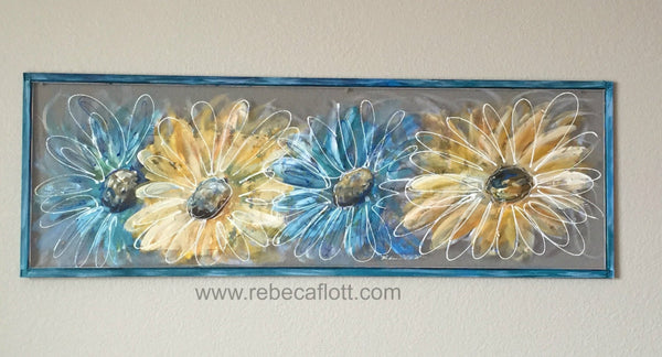 Flowers,Blue and Yellow Flowers,hand painted window,screen art,porch decor,outside art,