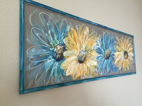 Flowers,Blue and Yellow Flowers,hand painted window,screen art,porch decor,outside art,