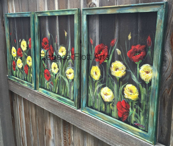 Red and Yellow Poppies ,window screen, hand painting set of 3 ,rustic poppies