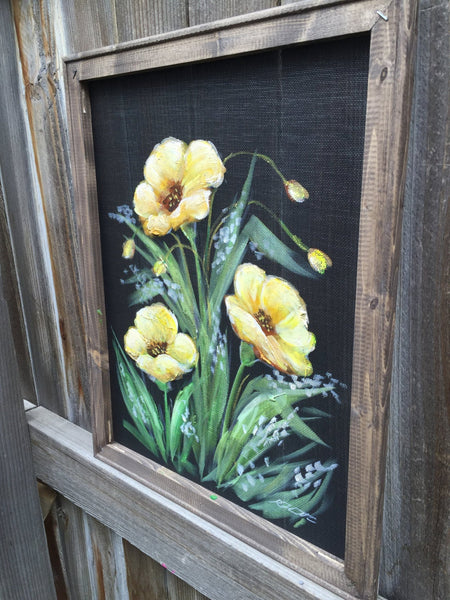 Yellow Poppies,Hand painted Poppies,Window screen art,wall art, indoor and outdoor art,porch decor