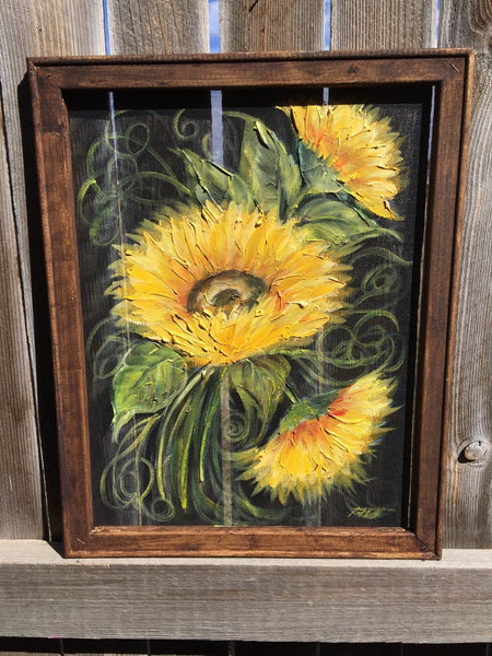 Sunflower lll ,rustic wood sunflower,Sunflowers dancing,Wood and screen,window screen painting