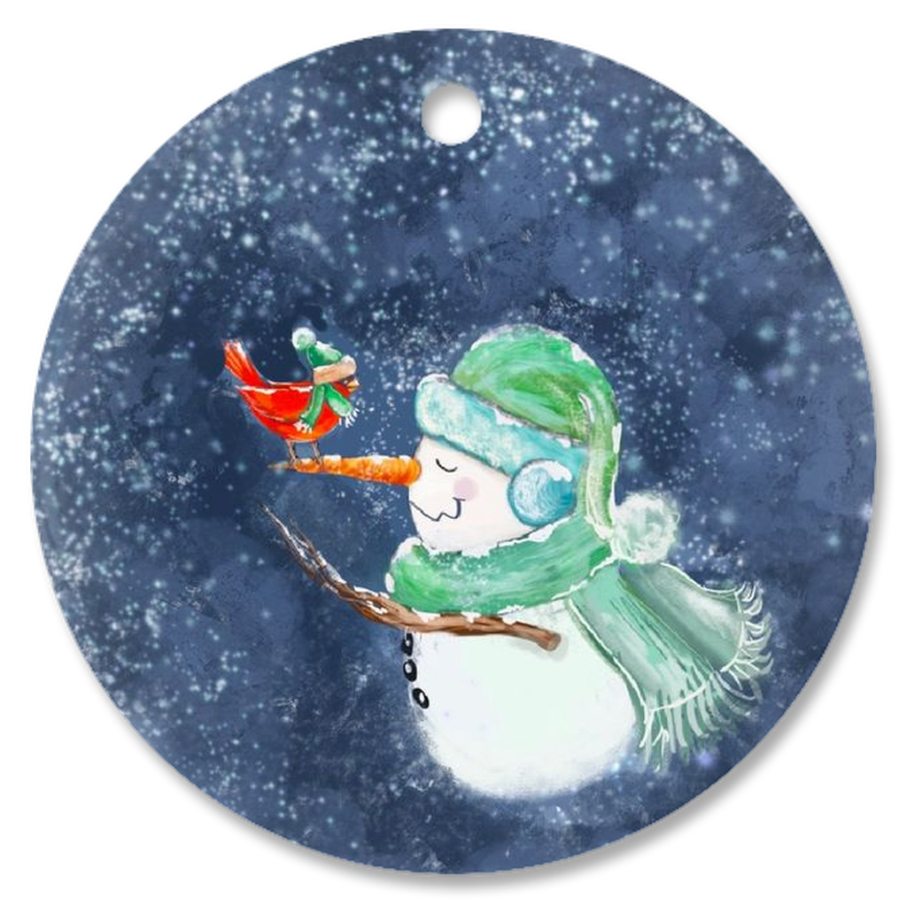 Personalize your friends christmas ornament, snowman and a cardinal friend