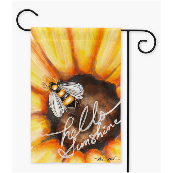 Hello Sunshine Garden Flag sunflower and bee by Rebeca Flott Arts , yard sign