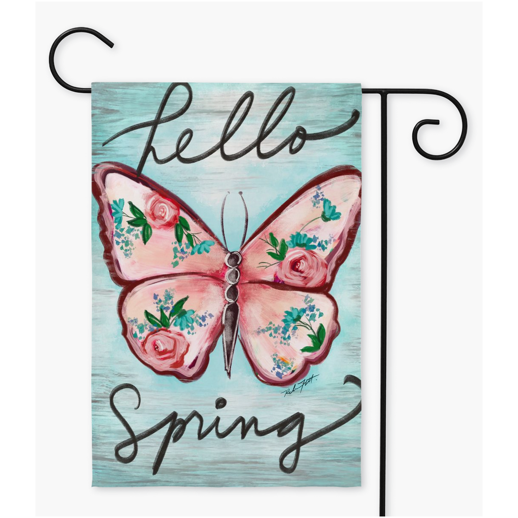 Rebeca Flott Arts Hello Springtime Garden Flag Butterfly