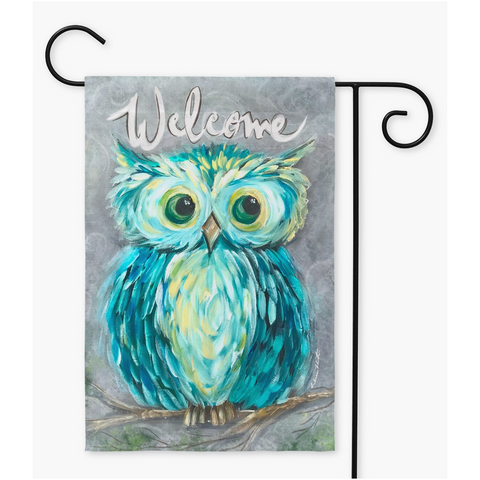 owl Yard Flag, Teal Owl Garden Flag, Rebeca Flott Arts Garden flags