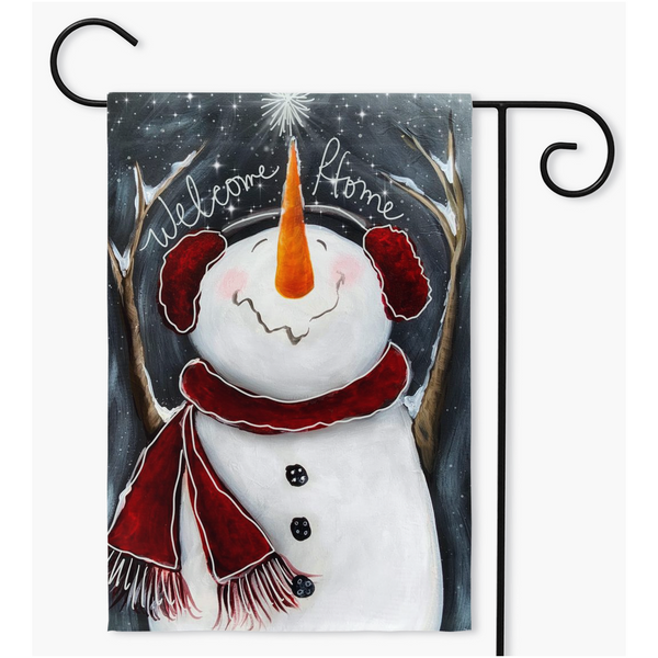 Welcome Cozy Happy Winter snowman garden flag by Rebeca Flott Arts