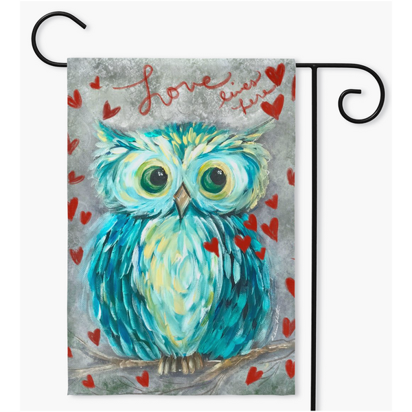 Teal Owl,Valentines Garden flag, Love lives here by Rebeca Flott Arts