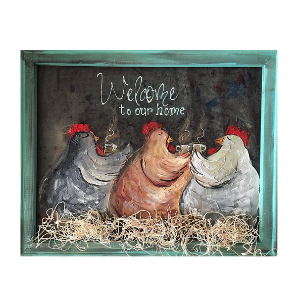 Chickens farrmhouse painting, picket fence  sign, rooster decor, kitchen decor, whimsical rooster decor, rooster sign, pallet knife painting