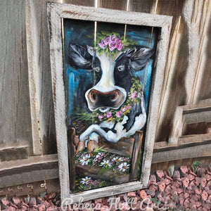 Cow art, fabulously, hand painted on window screen  ORIGINAL ART