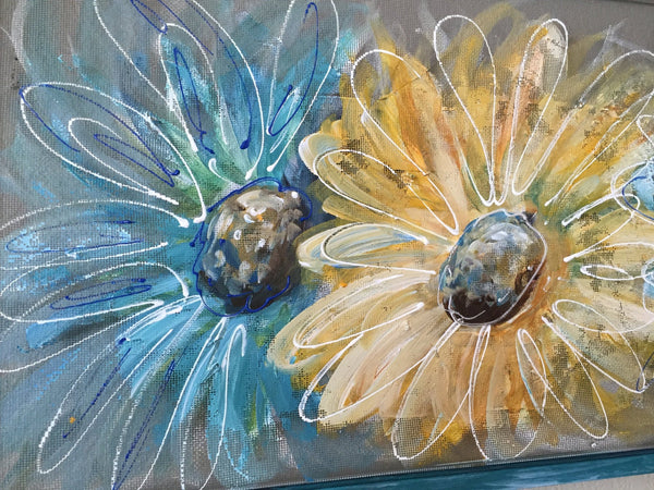 Flowers,Blue and Yellow Flowers,hand painted window,screen art,porch decor,outside art,