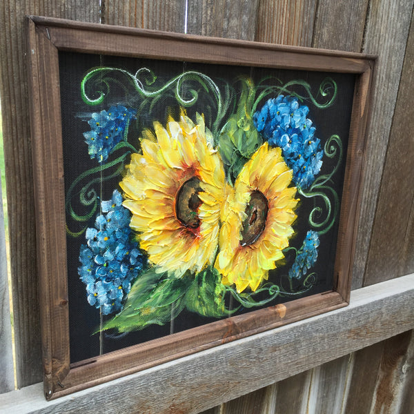 Sunflower and Blue Hydrangea,Hand painted Art on window Screen, original,Wall art, Indoor or outdoor Art