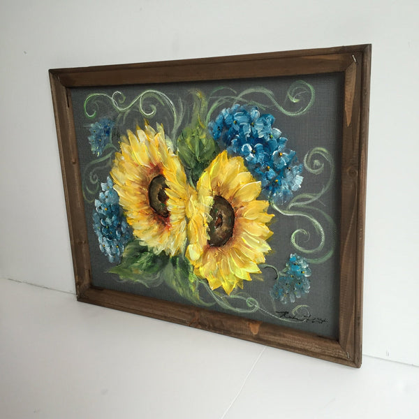 Sunflower and Blue Hydrangea,Hand painted Art on window Screen, original,Wall art, Indoor or outdoor Art