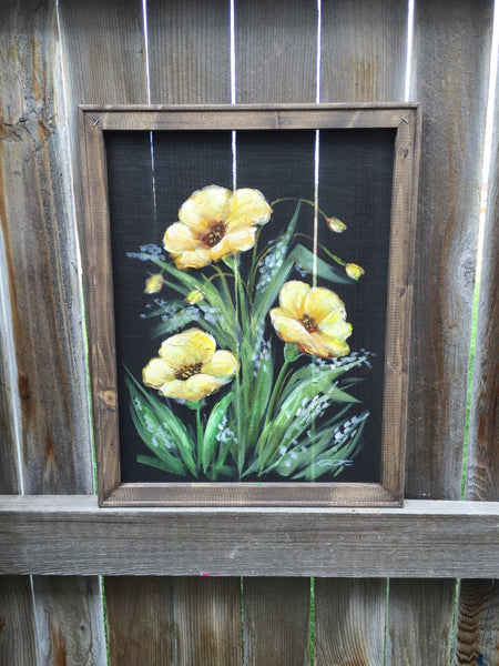 Yellow Poppies,Hand painted Poppies,Window screen art,wall art, indoor and outdoor art,porch decor