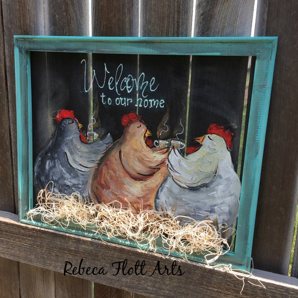 Chickens farrmhouse painting, picket fence  sign, rooster decor, kitchen decor, whimsical rooster decor, rooster sign, pallet knife painting