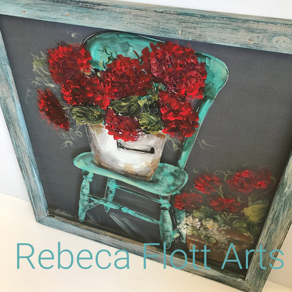 Vintage teal chair with red geraniums, handmade and hand painted