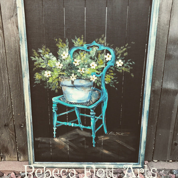 Vintage chair with fresh flowers , upcycled frame, farmhouse style