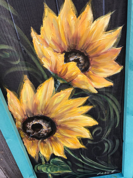 Beautiful summer Sunflower, porch decor,wall art,teal frame ,farmhouse decor, rustic sunflower