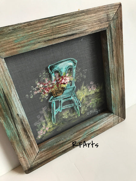 Vintage chair hand painted on window screen, porch decor, indoor and outdoor Art