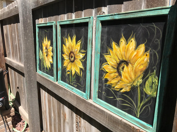 Sunflower Art, Original Art, Set of tree sunflowers, handmade and hand painted on window screen , original art ,indoor and outdoor decor,