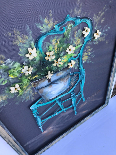 Vintage chair with fresh flowers , upcycled frame, farmhouse style