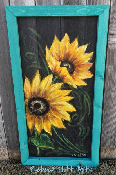 Beautiful summer Sunflower, porch decor,wall art,teal frame ,farmhouse decor, rustic sunflower